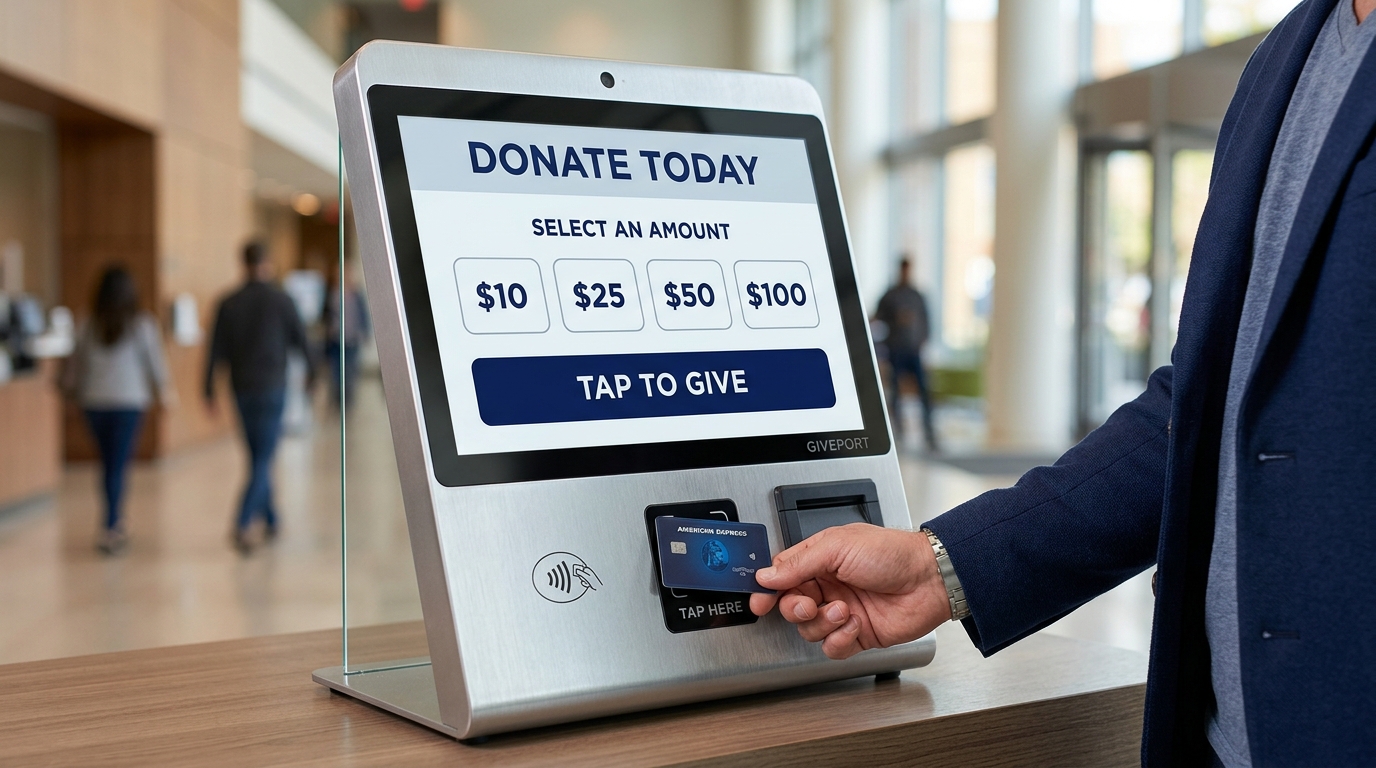 Ultra-sharp photo of man tapping card on Digital Donation Kiosk
